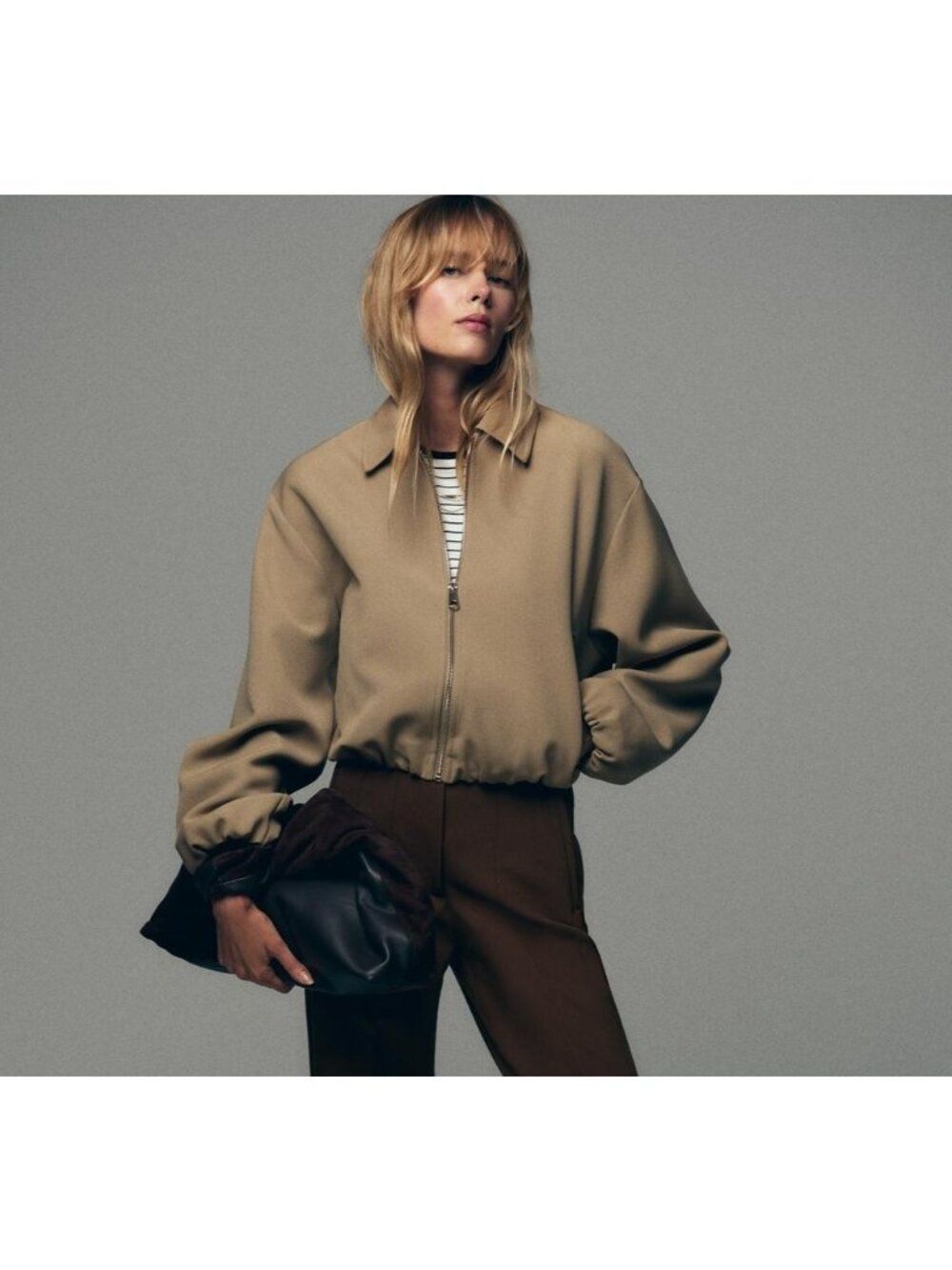 Zara Womens Bomber Jacket XL Beige Puff Sleeve Full Zip Stretch 8372/246 NWT